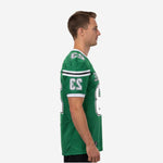 Side view of green and white custom American football jersey showing short set-in sleeves with white cuff stripe and black accent band