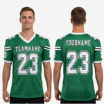 Size and specification sheet for custom 7 on 7 football jerseys showing youth through adult sizing range