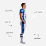 Detail of white lightning bolt graphic on royal blue side panel of custom sublimated American football pants