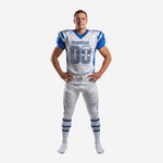 Custom 7v7 football uniforms in white and royal blue with silver front number and team name on sublimated jersey and matching pants front view