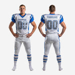 Size and specification sheet for custom white and blue American football uniform set youth and adult sizing