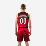 Back view of red and black custom basketball uniform set showing back number and player name placement on the jersey