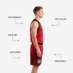 Close-up detail of the black lightning-crack sublimation print on the red basketball jersey chest and front number