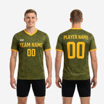 Back view of custom adult soccer practice jersey Army Green with Athletic Gold player number and surname print zones