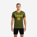 Custom adult soccer practice jersey in Army Green with Athletic Gold V-neck trim and topographic contour print, front view on male model