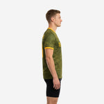 Custom adult soccer practice jersey Army Green and Athletic Gold showing side profile with topographic sublimation pattern and gold sleeve cuff trim