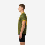 Made to order adult soccer practice jersey in Army Green with Athletic Gold cuff trim, right side view showing full sleeve and hem length