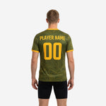 Close-up of topographic contour-line sublimation pattern on Army Green custom adult soccer practice jersey