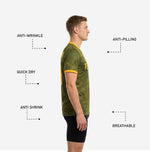 V-neck collar detail on custom adult soccer practice jersey showing Athletic Gold rib trim and full-dye sublimation edge to edge print