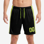 Custom all black soccer shorts with lime green side panels and player number on right leg, front view