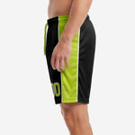 Custom all black soccer shorts with lime green side panel and sublimated number on leg, right side view
