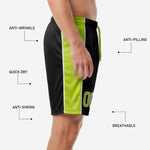 Elastic waistband with lime green drawcord on custom all black soccer shorts