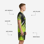 Custom all black soccer shorts with neon green halftone dot fade sublimation print, matching jersey kit