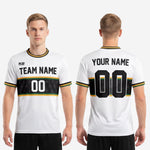 Custom all white soccer jersey back view showing sublimated player name and number on black star band