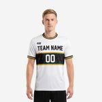 Custom all white soccer jersey with black star band and Kelly green gold stripe trim front view on male model