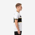 Custom all white soccer jersey black chest band green gold trim left side view showing sleeve cuff detail