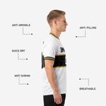 Custom all white soccer jersey crew neckline with Kelly green and Athletic gold ribbed stripe trim close up