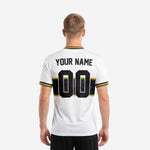 Custom all white soccer jersey star pattern panel detail with team name and player number sublimated print