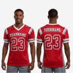 size and specification sheet for custom red and grey matching team football jerseys in youth through adult sizing
