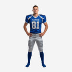 custom american football kits in royal blue jersey and silver grey pants with double blue leg stripe shown from the front
