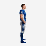side view of blue and silver custom american football uniform showing V-neck jersey and silver pant with royal blue outer leg stripe