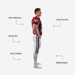 Detail view of crimson and white sublimated american football uniform showing black buckle belt, front lace closure on pants, and panel construction on jersey