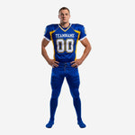 Custom American football uniforms with numbers in royal blue and gold showing front chest team name, front number 00, and sleeve number on adult male player
