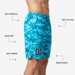 Custom blue and white basketball shorts back view showing full-dye sublimated camo and crackle pattern across all panels