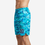 Custom aqua blue and white basketball shorts showing elastic drawcord waistband and small side splits at the hem, alternate side view on male model
