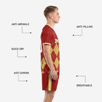 Custom argyle soccer uniform full kit with matching crimson shorts and gold side stripe