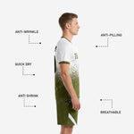 Custom army green soccer uniform shorts detail showing pixel-scatter sublimation pattern and white angular side insert panels