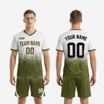 Custom army green soccer uniforms full kit back view showing player name and number print zones on sublimated jersey and shorts