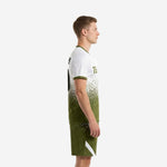 Custom army green soccer uniforms left side view showing sublimated pixel pattern transitioning from white chest to army green hem