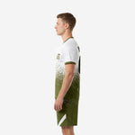 Custom army green soccer uniforms right side view showing V-neck collar trim and matching army green shorts with white side panels