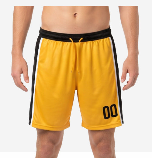 Custom neon yellow soccer shorts front view showing Athletic Gold body, black side panels, white stripe trim, and bold player number on right leg