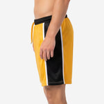 Custom neon yellow soccer shorts right side view showing Athletic Gold body, black side panel, and white trim stripe detail