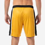 Custom athletic gold soccer shorts wide black elastic waistband and Athletic Gold drawcord close-up detail