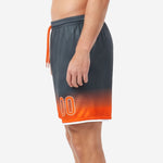 Custom orange soccer shorts side right view showing athletic cut and white hem stripe detail