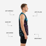Reverse side view of black custom basketball jersey with neon cyan and purple geometric pattern covering the entire jersey panel