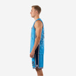 Left side view of custom sky blue basketball jersey uniform with navy trim and matching sublimated shorts