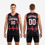 Size and spec chart for custom red and black basketball jerseys showing youth and adult sizing available for full roster orders