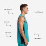 Back view of teal and black personalized basketball jersey showing back name and back number placement on 100 percent polyester mesh
