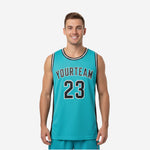 Custom basketball jerseys for clubs in teal and black with black side panels, crew neck stripe binding, arced team name and front number shown front and back