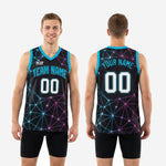 Back view of custom basketball jerseys for leagues in black with cyan and purple geometric sublimation pattern and back number placement