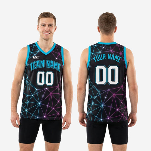 Back view of custom basketball jerseys for leagues in black with cyan and purple geometric sublimation pattern and back number placement