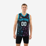 Custom basketball jerseys for leagues in black with cyan and purple geometric laser-line pattern, arced team name and number 00 on the front, worn by adult male model