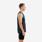 Front view of black custom basketball jersey with cyan V-neck binding, geometric constellation pattern in cyan and purple, white front number and arced team name