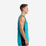 Front view of a teal and black custom basketball jerseys for leagues with V-neck collar, black and white contrast trim, and bold front number 23