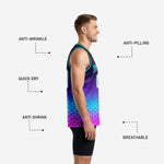 Right side view of sublimated purple and black school basketball jersey with neon hex gradient rising from magenta hem to black shoulders