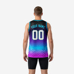 Back view of custom basketball jerseys for schools in purple and black showing back player name and number print zones with hex gradient
